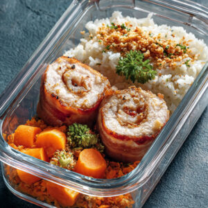 Medalhão de frango com arroz e legumes grelhados